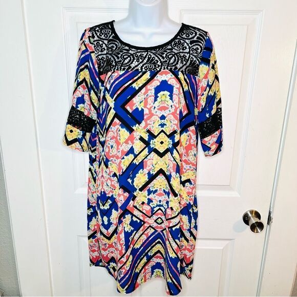 Socialite Watercolor Floral Geometric Black Lace Yoke Mini Dress Royal Blue S - Picture 5 of 11